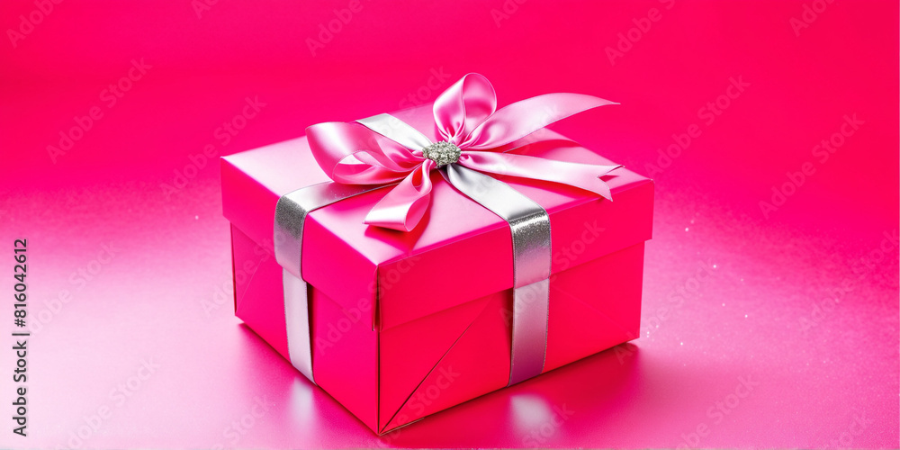 Fuscia Pink gift box with satin ribbon on pink background with silver glitter