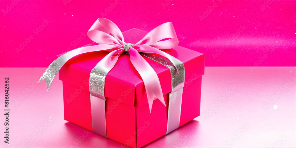 Fuscia Pink gift box with satin ribbon on pink background with silver glitter Fuscia Pink gift box with satin ribbon on pink background with silver glitter