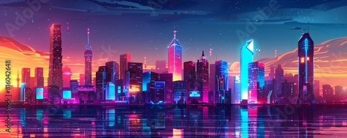 A retro-futuristic cityscape at dusk, with neon signs and holographic advertisements casting a colorful glow across the urban skyline as night falls.   illustration. © Coosh448