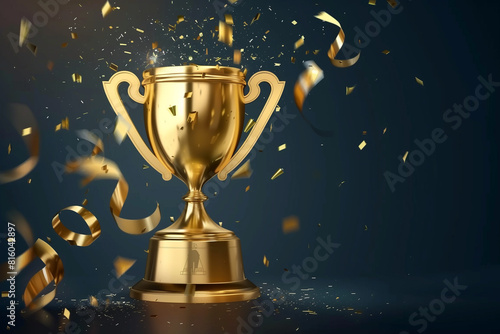 Realistic golden cup . Winners trophy  3d illustration  golden confetti Trophy and frame  Golden Cup Frame Composition
