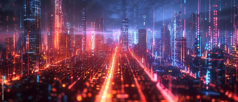 Naklejka premium Futuristic tech city at night, abstract background of high speed global data transfer and super fast broadband 8K , high-resolution, ultra HD,up32K HD