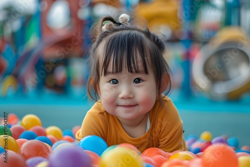 A little girl laying in a ball pit