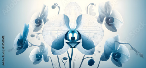 Concept of Surreal Floral Digital Art  Blue and White Orchids with Technical Blueprint Petals - Symmetrical Composition  Ethereal Glow  Futuristic Natural Beauty  Semi-Transparent Details  Calm