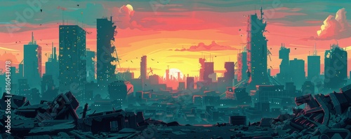 A cybernetic wasteland where towering skyscrapers and crumbling factories loom against the horizon, their broken windows and twisted metal serving as silent reminders of a civilization lost to time. photo