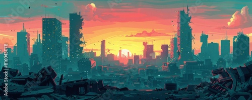 A cybernetic wasteland where towering skyscrapers and crumbling factories loom against the horizon, their broken windows and twisted metal serving as silent reminders of a civilization lost to time.