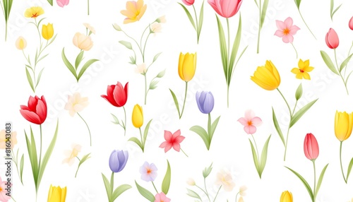 A fresh spring pattern of multicolored tulips and daffodils blossoming across a crisp white background, perfect for vibrant garden party textiles or cheerful kitchenware