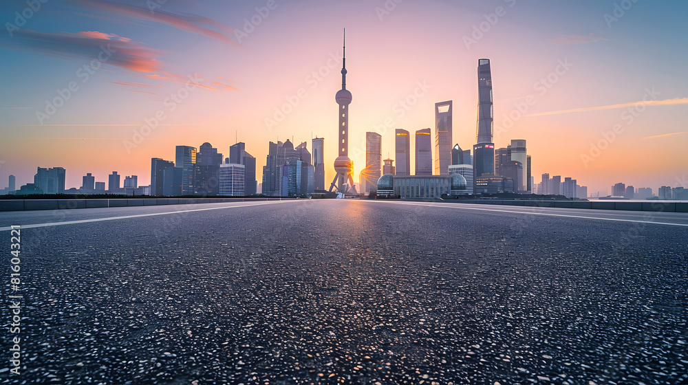 Obraz premium Empty asphalt road and city skyline with buildings at sunset in Shanghai : Generative AI