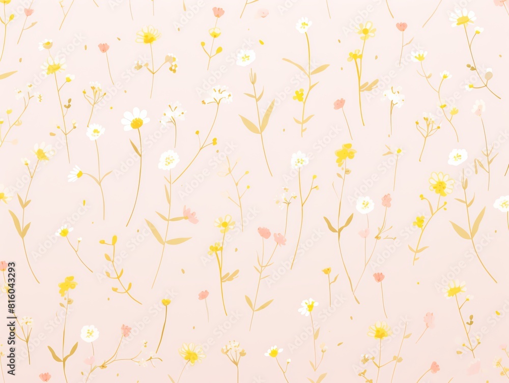 A whimsical pattern featuring small, delicate wildflowers in varying shades of white and yellow on a pastel pink canvas, ideal for childrens room decor or feminine apparel A whimsical pattern featuring small, delicate wildflowers in varying shades of white and yellow on a pastel pink canvas, ideal for childrens room decor or feminine apparel