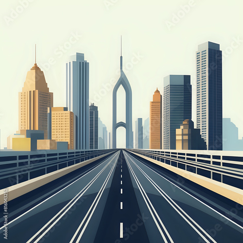 City skyline view from bridge metropolis cityscape Street lamps and railings along twolane road skyscraper buildings urban CitHouse towers under cloudy sky Cartoon vector illustration -generated by ai photo