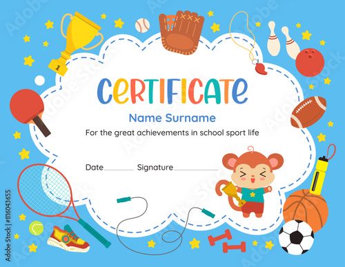 Cute sports achievement certificate of recognition. Fun design template with kawaii cartoon animal monkey. Flat vector sport icons. Perfect for celebrating young athlete success in elementary school. © Cute Design