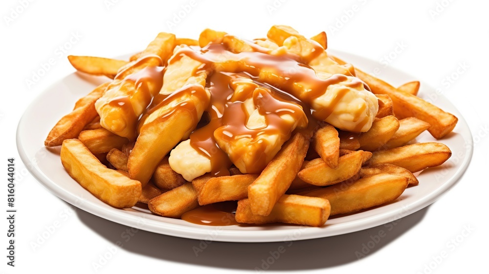 Isolated Original Canadian Poutine, Skin On Fries Topped With Gravy And Cheese Curds In plate on white background Isolated Original Canadian Poutine, Skin On Fries Topped With Gravy And Cheese Curds In plate on white background
