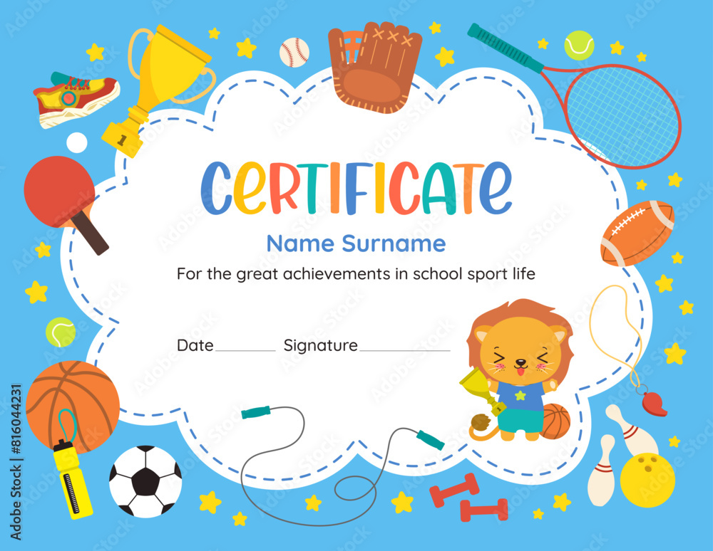 Obraz premium Cute sports achievement certificate of recognition. Fun design template with kawaii cartoon animal lion. Flat vector sport icons. Perfect for celebrating young athlete success in elementary school.
