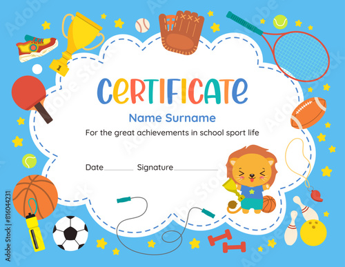 Cute sports achievement certificate of recognition. Fun design template with kawaii cartoon animal lion. Flat vector sport icons. Perfect for celebrating young athlete success in elementary school.