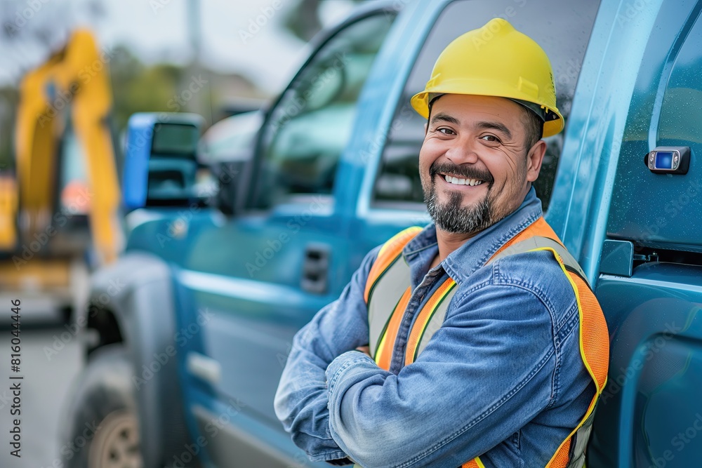 Portrait of a cheerful construction worker in a yellow hard hat and reflective vest, confidently leaning against his blue work truck.. Portrait of a cheerful construction worker in a yellow hard hat and reflective vest, confidently leaning against his blue work truck..