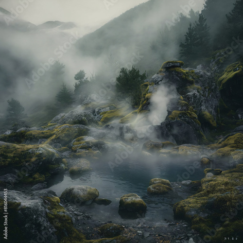 Steamy fog drapes the volcanic mountains of a geothermal park, creating an ethereal landscape