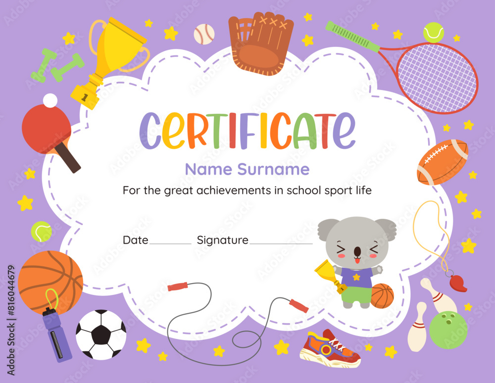 Cute sports achievement certificate of recognition. Fun design template with kawaii cartoon animal koala. Flat vector sport icons. Perfect for celebrating young athlete success in elementary school. Cute sports achievement certificate of recognition. Fun design template with kawaii cartoon animal koala. Flat vector sport icons. Perfect for celebrating young athlete success in elementary school.