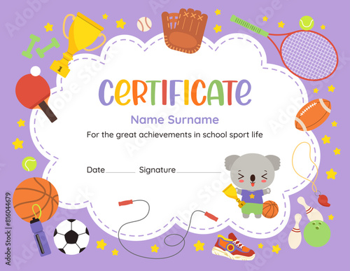 Cute sports achievement certificate of recognition. Fun design template with kawaii cartoon animal koala. Flat vector sport icons. Perfect for celebrating young athlete success in elementary school.