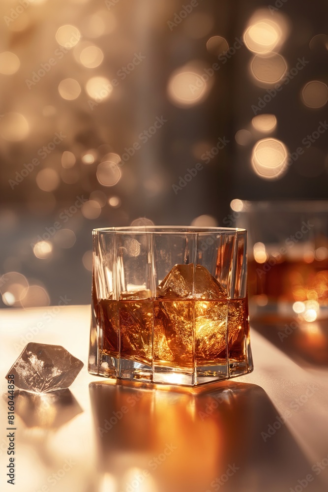 Fototapeta premium Close-up of an elegant crystal whiskey glass filled with ice and whiskey, featuring a dynamic splash and warm backlighting..