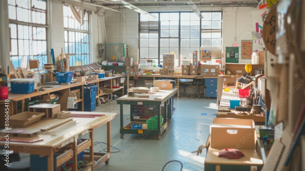 A view inside a workshop filled with multiple tables and chairs, showcasing a functional workspace for various tasks and projects. A view inside a workshop filled with multiple tables and chairs, showcasing a functional workspace for various tasks and projects.
