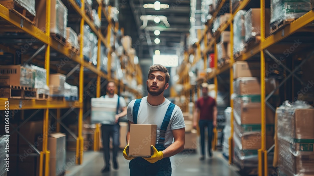 A diverse group of workers with safety helmets engaged in operations inside a busy warehouse, managing logistics and inventory.. A diverse group of workers with safety helmets engaged in operations inside a busy warehouse, managing logistics and inventory..