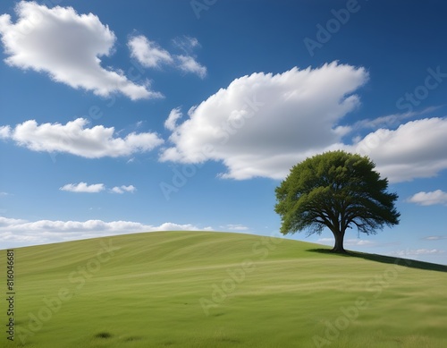 A grassy hill with a lone tree on the horizon under a blue sky with wispy clouds