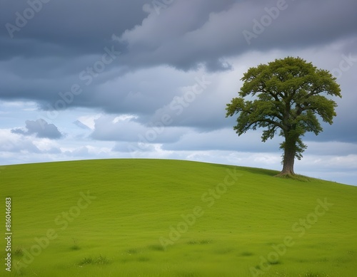 A grassy hill with a lone tree on the horizon under a blue sky with wispy clouds