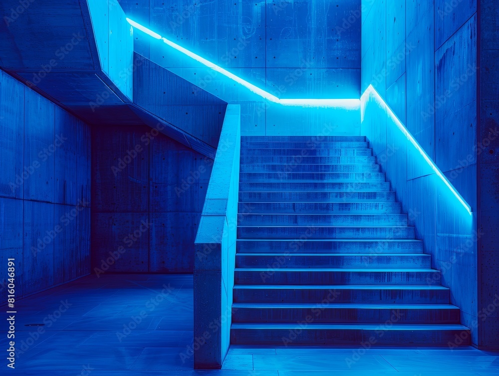 Fototapeta premium Blue staircase with neon lights on it