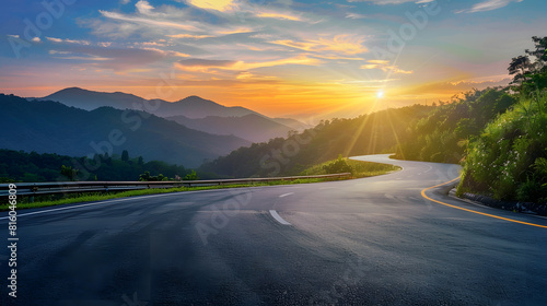 Fototapeta Naklejka Na Ścianę i Meble -  Asphalt road and mountain natural scenery at sunset Road and mountain background : Generative AI
