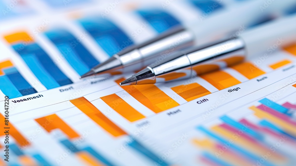 A detailed close-up shot of two pens resting on colorful business graphs and charts, highlighting financial analysis.. A detailed close-up shot of two pens resting on colorful business graphs and charts, highlighting financial analysis..