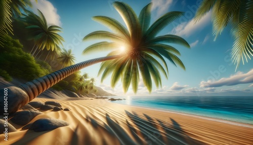 Tropical Beach Paradise with Palm Tree Over Golden Sand  