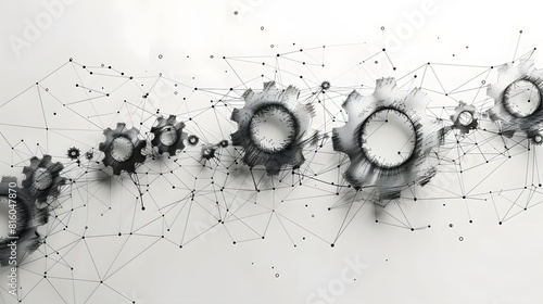 Many interconnected gears on a board with dots and lines photo