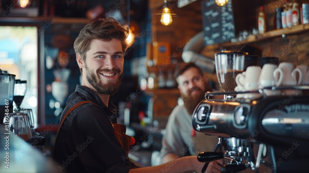 Smiling Barista at Coffee Machine