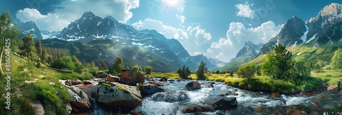 Mountains and rocks of Dombai in sunny weather realistic nature and landscape photo