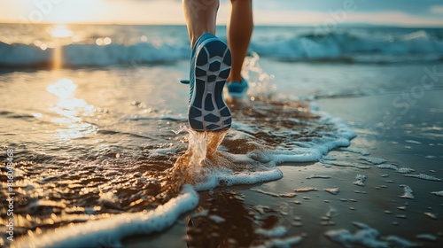 A close-up view of a jogger's legs, running along a sunlit beach, splashing water with every step..