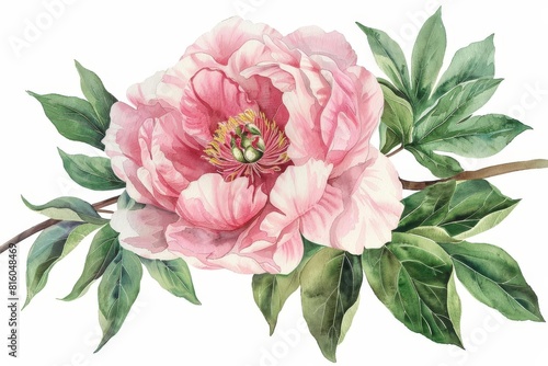 delicate peony flower with lush green leaves vintage botanical watercolor illustration