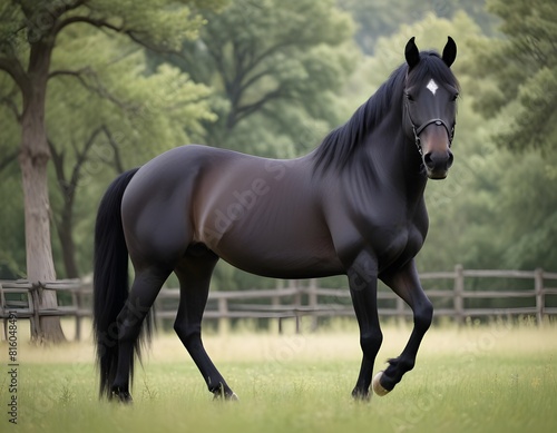A horse with a black mane and tail, wearing a bridle, standing in a grassy field with blurred trees in the background © Studio Art