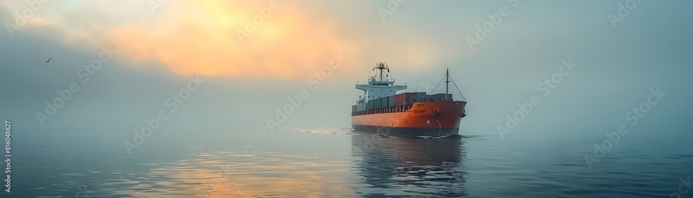 Cargo ship s solitary journey through the misty strait in a blend of nature and industry showcasing the contrast between the natural environment and