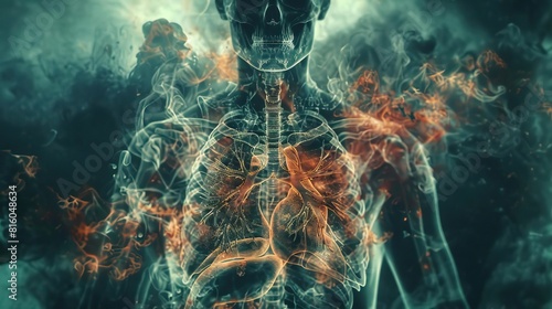 A chest Xray with a striking devilcore twist, showcasing a normal man s anatomical features lungs, heart, spine, and diaphragm amidst a backdrop of dark and mystical visual designs