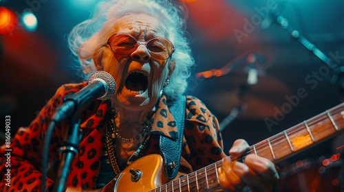 Rock star grandmother on stage, playing electric guitar and screaming a song, sunset of life in vibrant colors 8K , high-resolution, ultra HD,up32K HD photo