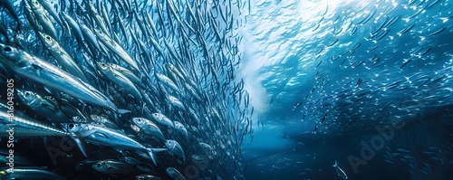 Massive School of Sardines Forming Evasive Bait Ball in Underwater Ocean Ecosystem photo