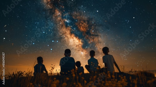 Families relax around a star hole discovering constellations together pointing out stellar landmarks across epochs, light bonding souls across veils of time, mingling smiles illuminated by our photo