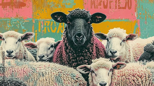 Black sheep among white sheep, emphasizing its unique identity and leadership by raising its head