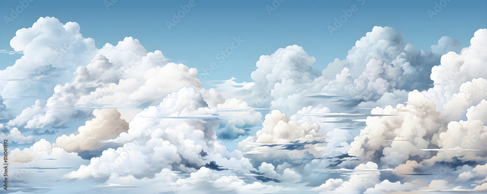 Background with cumulus white clouds on blue sky. Graphic illustration of sunny day with cloudy sky. Heavens panorama. Beautiful summer nature background. Design for poster, banner, card, paper, print