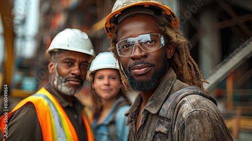 A multicultural group of construction workers smiling confidently on a bustling city street during golden hour..