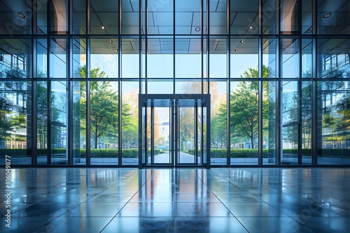 A view of a large glass building with a lot of windows