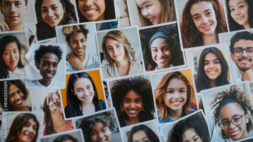 Various faces of people are displayed in a collage on a wall. Various faces of people are displayed in a collage on a wall.