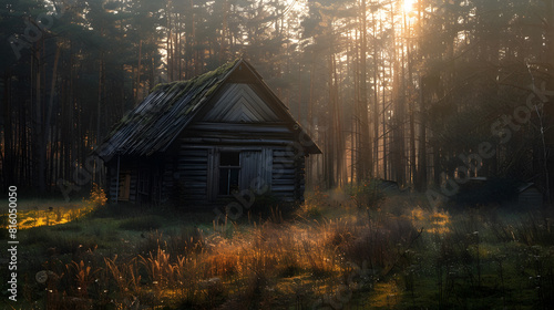 Abandoned wooden house Kampinos National Park Mazovia Poland : Generative AI photo
