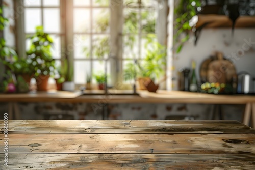A wooden table in a kitchen with green potted plants © Valentin
