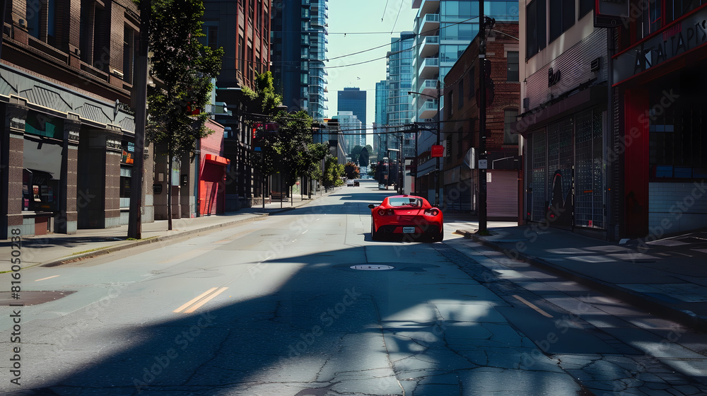 Fototapeta premium Red car on the empty urban street in a sunny day Car parked in downtown of Vancouver Canada Modern architecture view with car parked on a street Nobody street photo : Generative AI