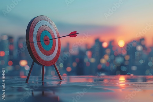 Success concept, arrows hitting bullseye on urban backdrop